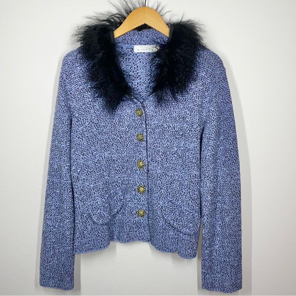 M VTG Willow Blue Black Tweed Knit Jeweled Button Fur Collar Sweater Blazer Top - Picture 4 of 10